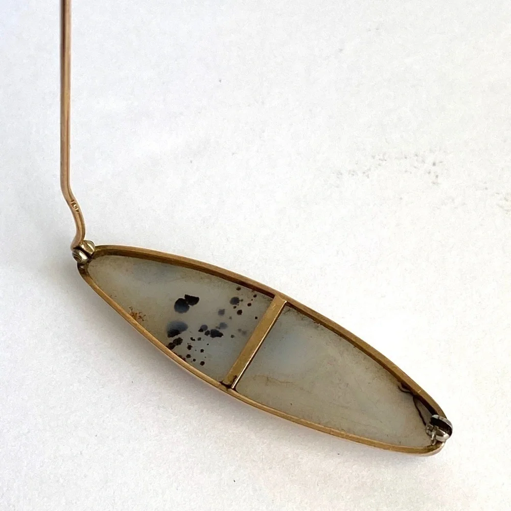 14K Gold Agate Brooch Montana‎ Moss Antique Vintage Art Deco 40s 50s Stone Pin